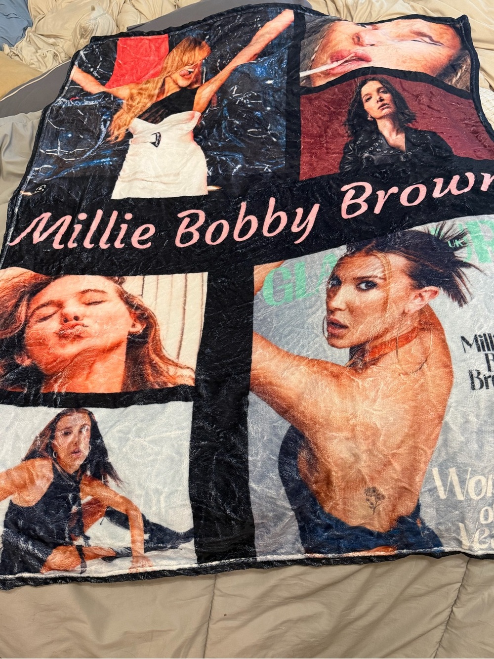 Millie Bobby Brown Photo Collage Throw Blanket - Black/Pink Accents